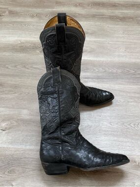 Vintage Montana Black Exotic Ostrich Trim Western Boots Mens 12 D Made in Mexico
